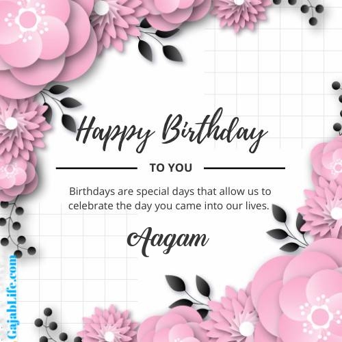 Aagam happy birthday wish with pink flowers card