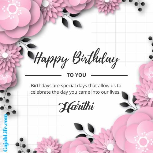 Harithi happy birthday wish with pink flowers card