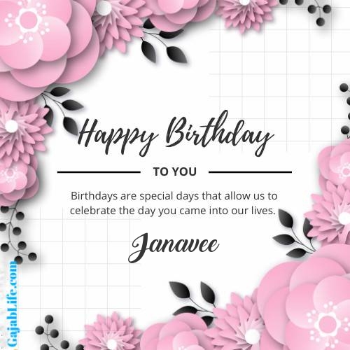 Janavee happy birthday wish with pink flowers card