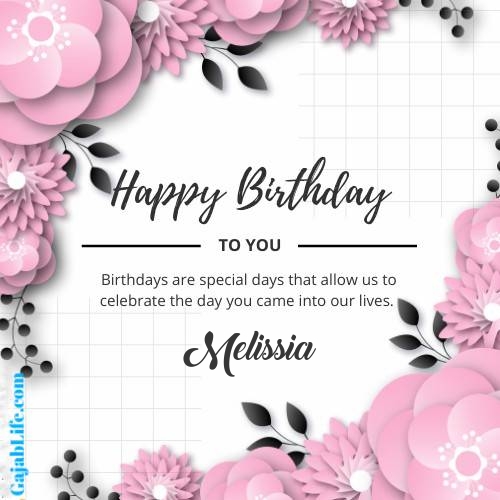 Melissia happy birthday wish with pink flowers card
